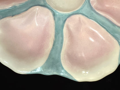 Antique French P.V. France Pink & Aqua 6-Well Majolica Oyster Plate 9.5" A1087