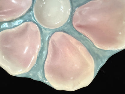 Antique French P.V. France Pink & Aqua 6-Well Majolica Oyster Plate 9.5" A1087