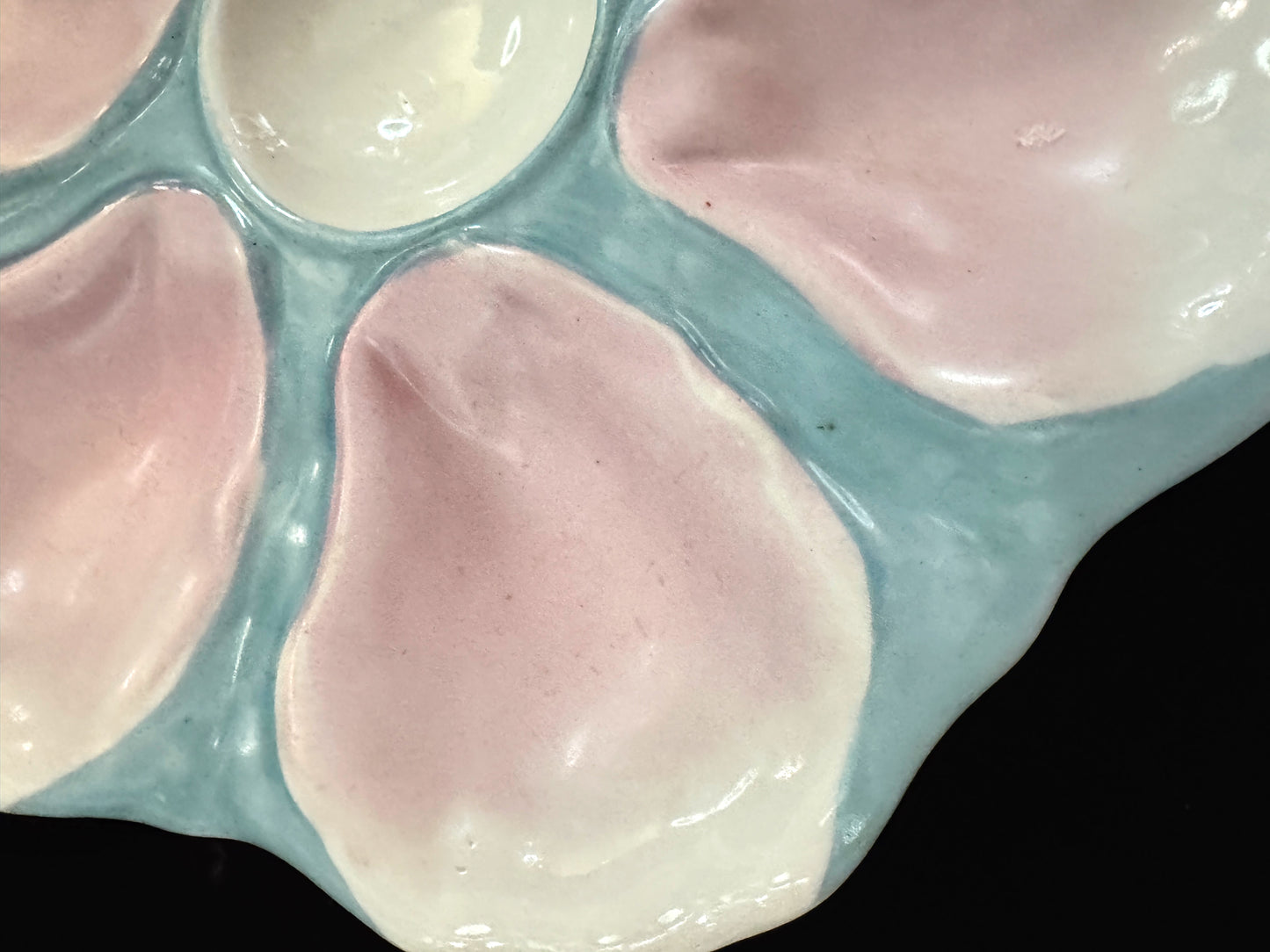 Antique French P.V. France Pink & Aqua 6-Well Majolica Oyster Plate 9.5" A1087