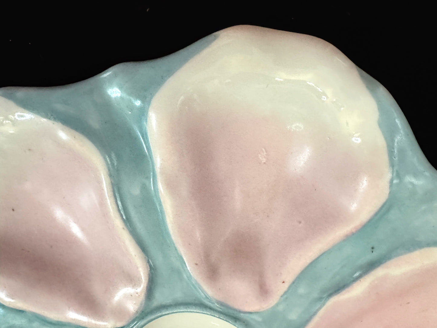 Antique French P.V. France Pink & Aqua 6-Well Majolica Oyster Plate 9.5" A1087