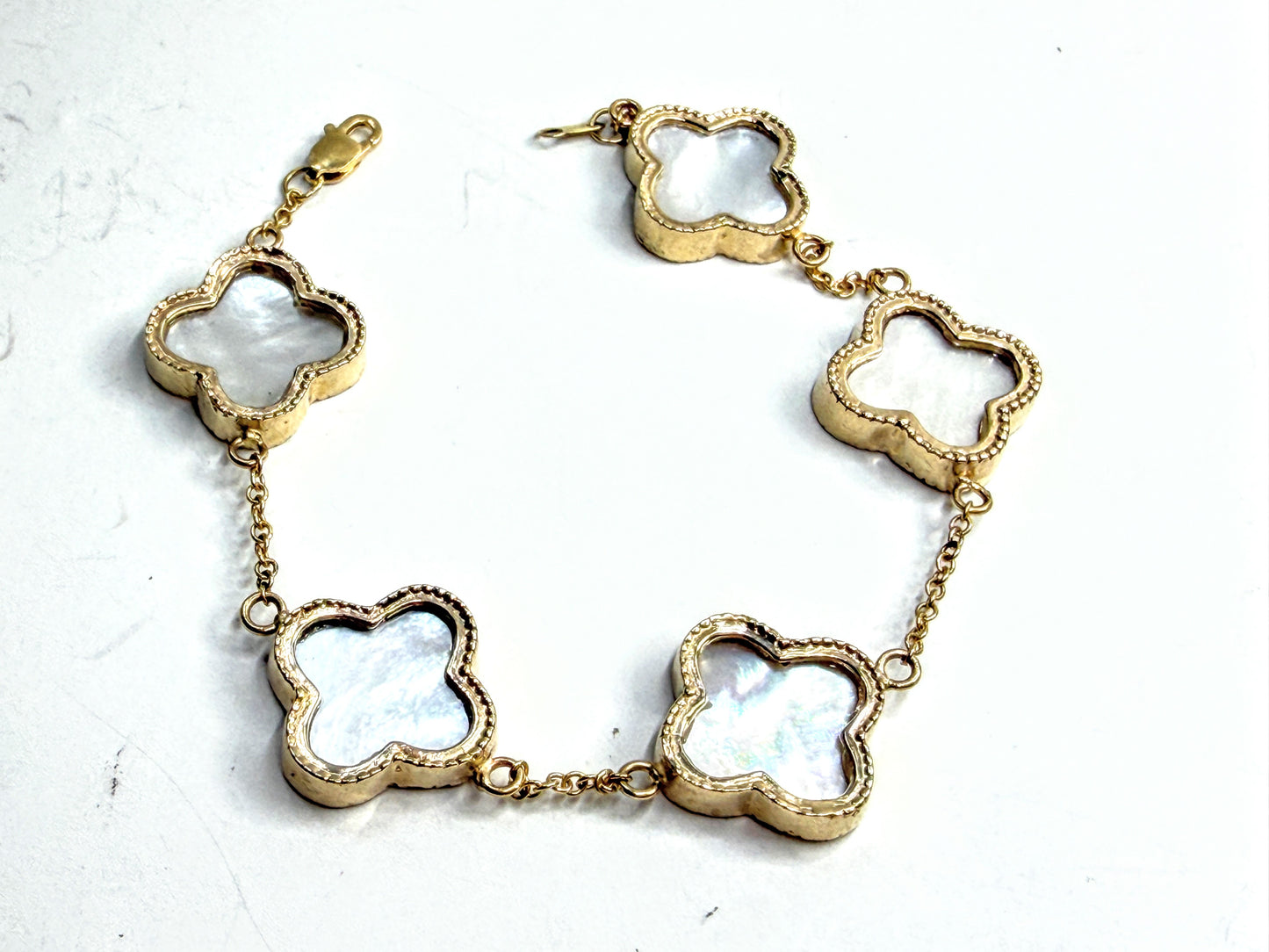 Vintage 14K & 18K Gold Mother of Pearl Clover Bracelet Set 12.7g 7.0" JR1607