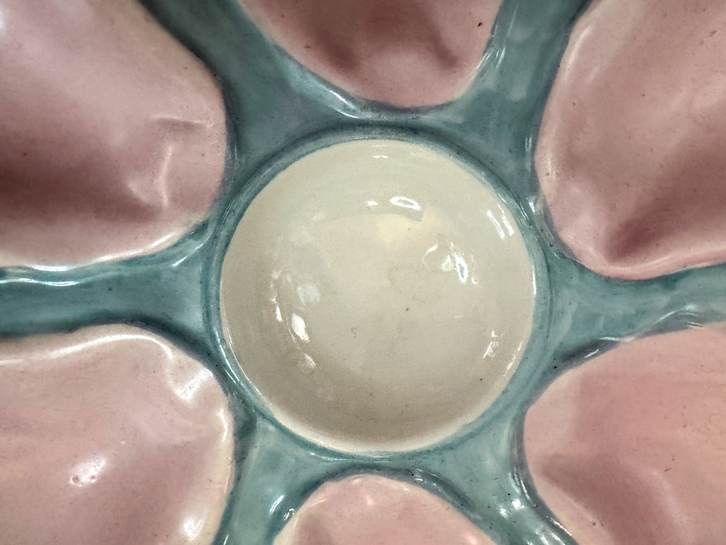 Antique French P.V. France Pink & Aqua 6-Well Majolica Oyster Plate 9.5" A1087
