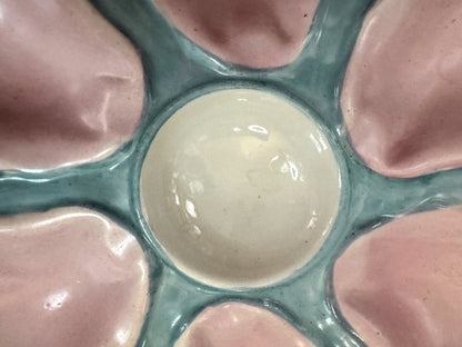 Antique French P.V. France Pink & Aqua 6-Well Majolica Oyster Plate 9.5" A1087