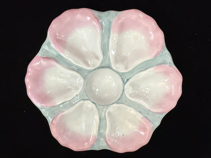 Antique Pastel Pink Green Porcelain Six-Well Oyster Serving Plate 9.5" A1088