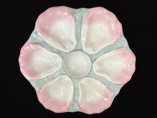 Antique Pastel Pink Green Porcelain Six-Well Oyster Serving Plate 9.5" A1088
