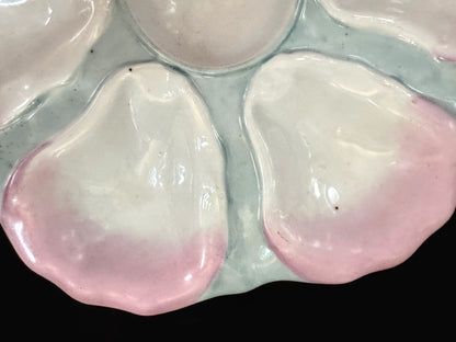 Antique Pastel Pink Green Porcelain Six-Well Oyster Serving Plate 9.5" A1088
