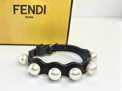 Vintage Fendi Roma Black Calfskin leather Faux Pearl Bracelet w/box 7.5" GS810