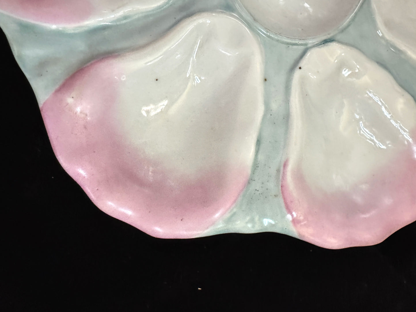 Antique Pastel Pink Green Porcelain Six-Well Oyster Serving Plate 9.5" A1088