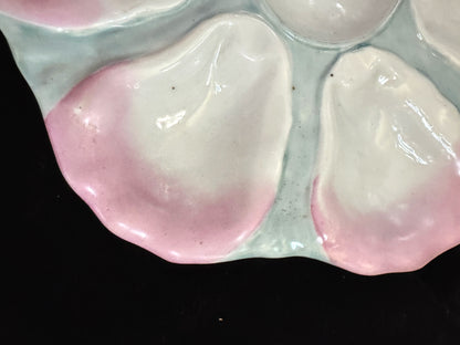 Antique Pastel Pink Green Porcelain Six-Well Oyster Serving Plate 9.5" A1088
