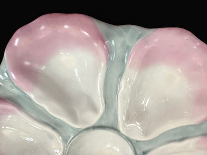 Antique Pastel Pink Green Porcelain Six-Well Oyster Serving Plate 9.5" A1088