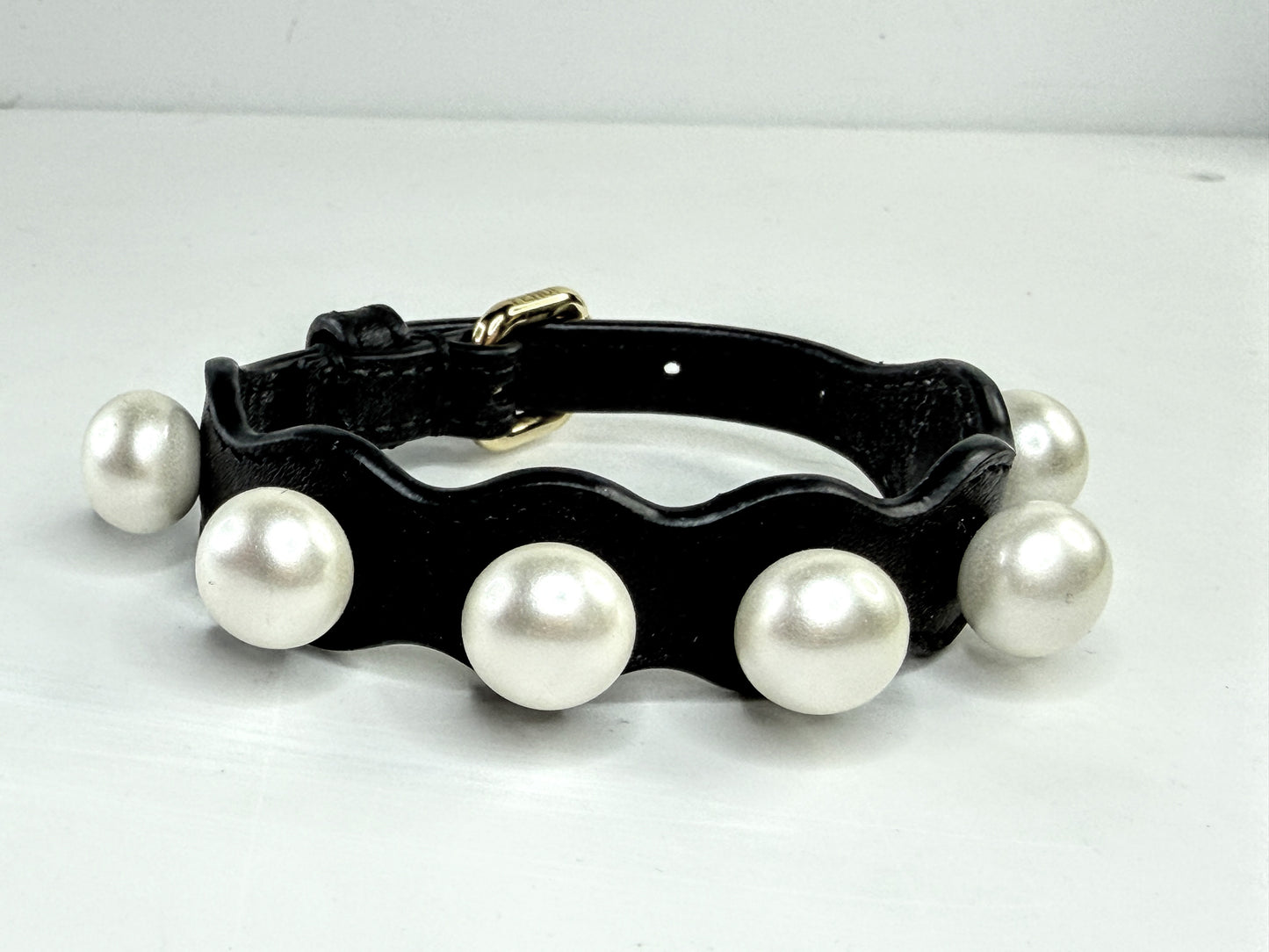 Vintage Fendi Roma Black Calfskin leather Faux Pearl Bracelet w/box 7.5" GS810