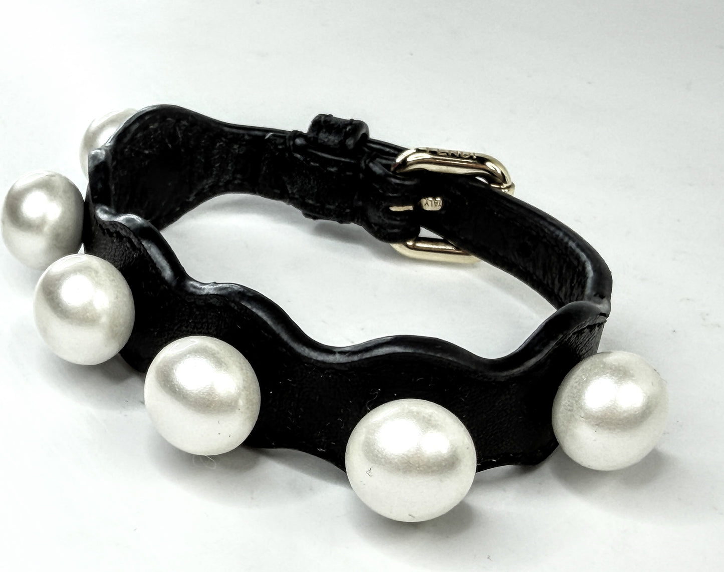 Vintage Fendi Roma Black Calfskin leather Faux Pearl Bracelet w/box 7.5" GS810