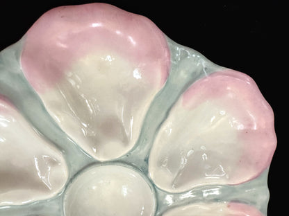 Antique Pastel Pink Green Porcelain Six-Well Oyster Serving Plate 9.5" A1088