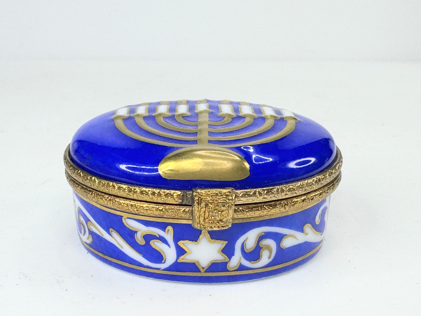 Limoges Navy blue Hanukkah Menorah Limoges Box in original box A652