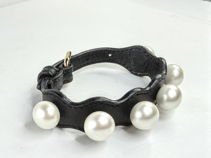 Vintage Fendi Roma Black Calfskin leather Faux Pearl Bracelet w/box 7.5" GS810