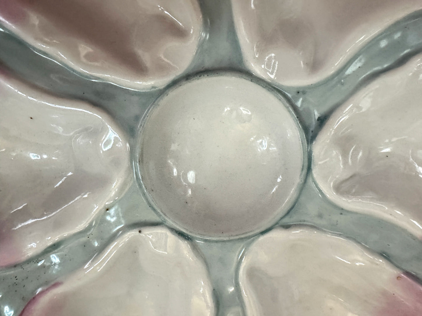 Antique Pastel Pink Green Porcelain Six-Well Oyster Serving Plate 9.5" A1088