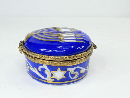 Limoges Navy blue Hanukkah Menorah Limoges Box in original box A652