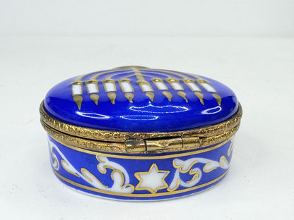 Limoges Navy blue Hanukkah Menorah Limoges Box in original box A652