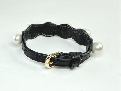 Vintage Fendi Roma Black Calfskin leather Faux Pearl Bracelet w/box 7.5" GS810