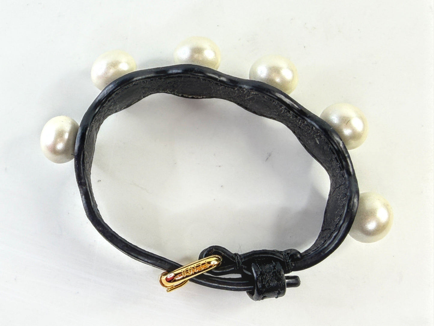 Vintage Fendi Roma Black Calfskin leather Faux Pearl Bracelet w/box 7.5" GS810