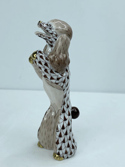 Herend  Fishnet Chocolate, and white begging Poodle Figurine 4" A581