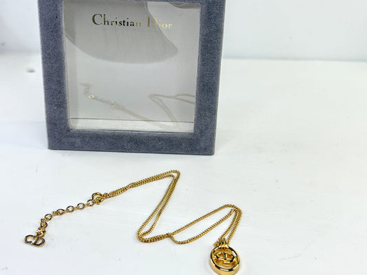 Vintage Christian Dior Gold Tone CD Pendant Necklace w/box 15.5" GS811