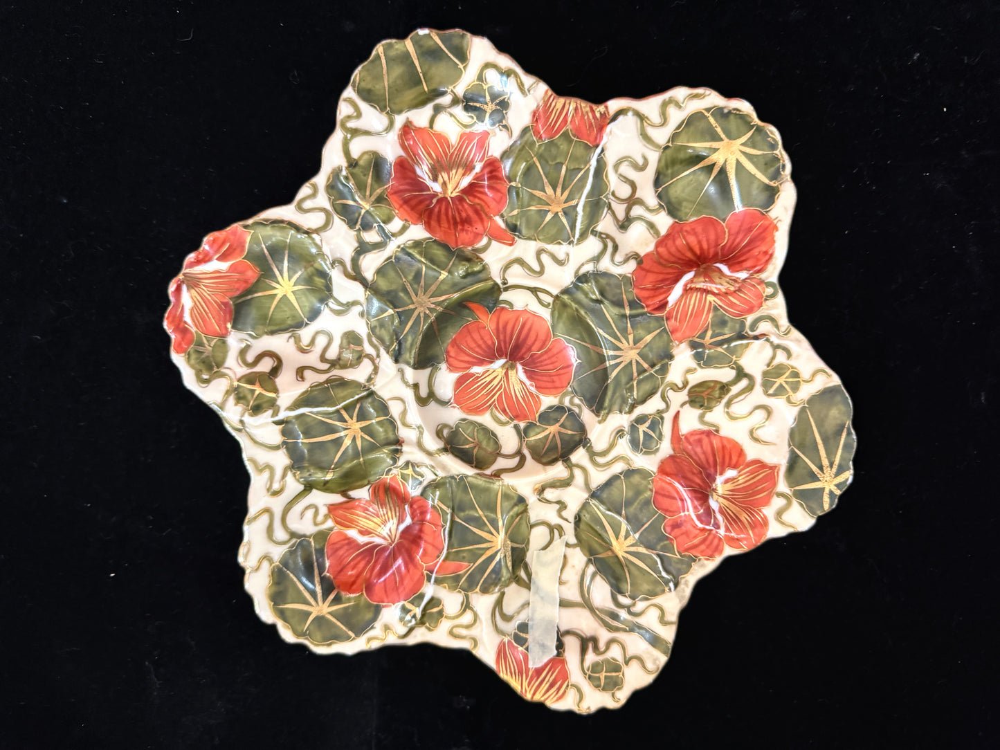 Antique Austrian Majolica Nasturtium Oyster Plate Triangle Star Hallmark A1090