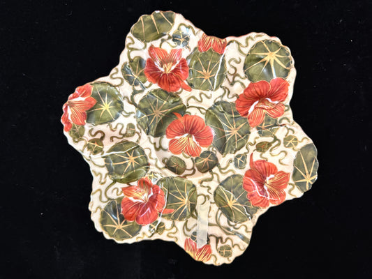 Antique Austrian Majolica Nasturtium Oyster Plate Triangle Star Hallmark A1090