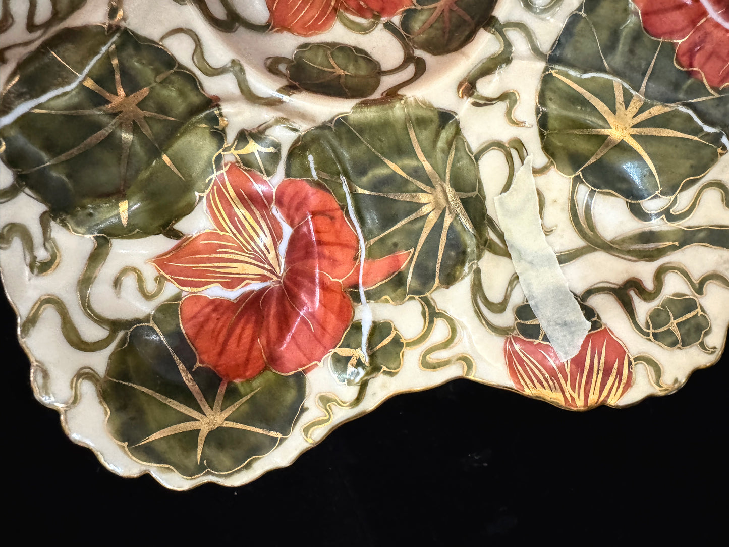Antique Austrian Majolica Nasturtium Oyster Plate Triangle Star Hallmark A1090