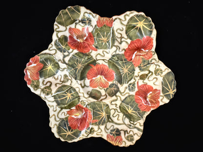 Antique Austrian Majolica Nasturtium Oyster Plate Triangle Star Hallmark A1090