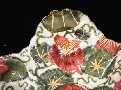 Antique Austrian Majolica Nasturtium Oyster Plate Triangle Star Hallmark A1090