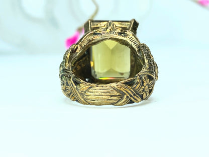 Stephen Dweck 18.0mm Emerald cut Lemon Quartz Foliate Ring 11.9g s7 GS96