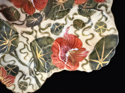 Antique Austrian Majolica Nasturtium Oyster Plate Triangle Star Hallmark A1090