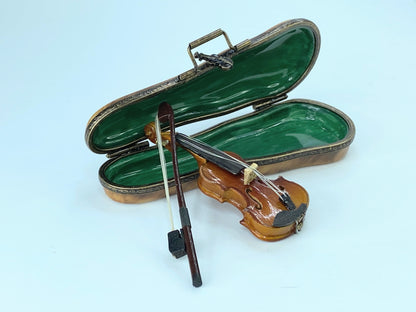 Wood Violin with bolt in Green Case Limoges trinket box A173