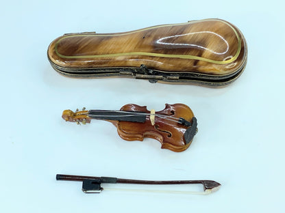 Wood Violin with bolt in Green Case Limoges trinket box A173