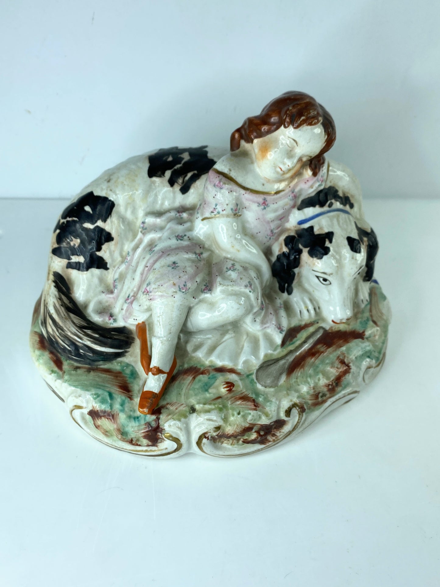 Victorian c1860 Staffordshire pottery sleeping girl with dog pristine 6" A584
