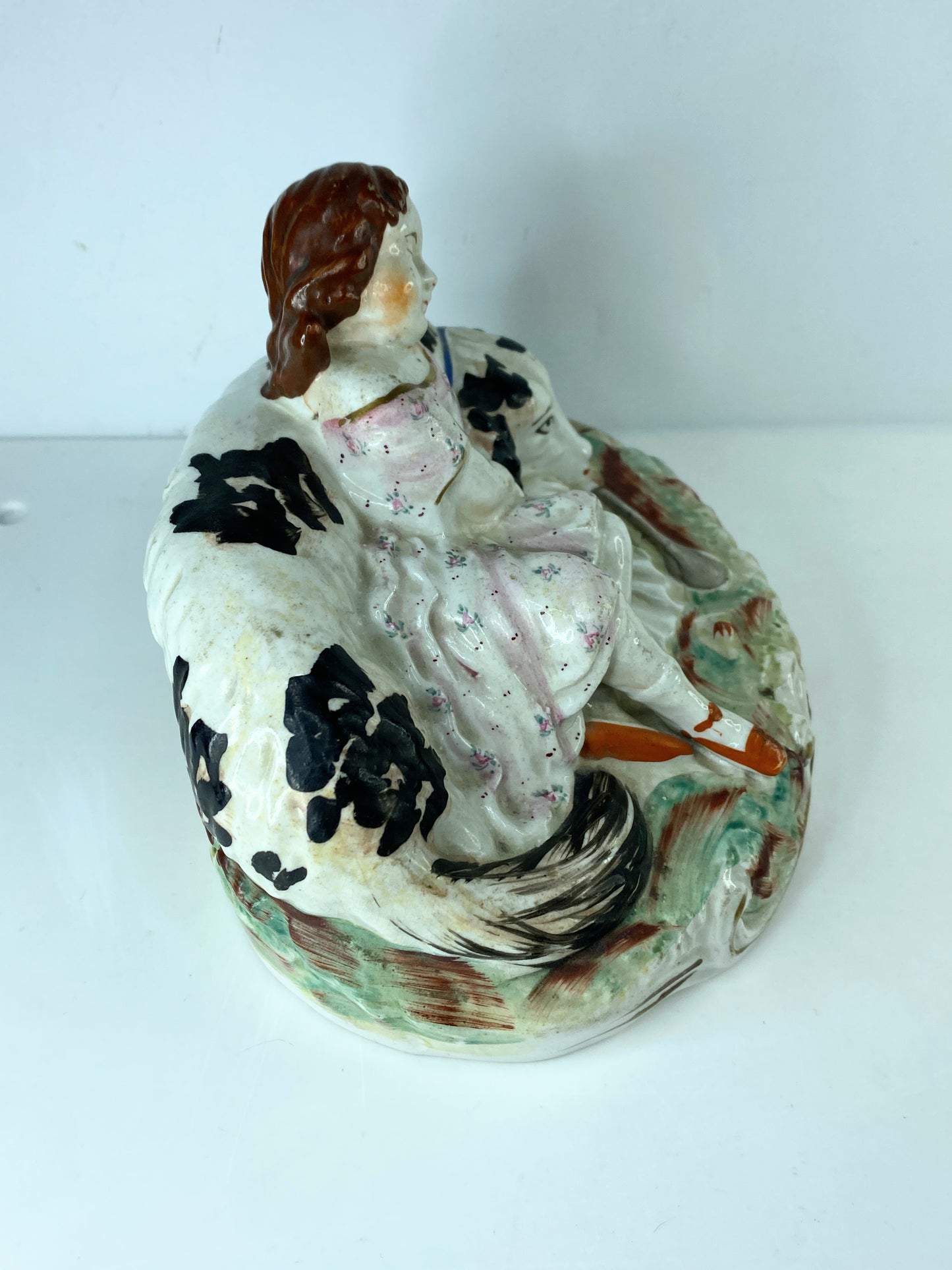 Victorian c1860 Staffordshire pottery sleeping girl with dog pristine 6" A584