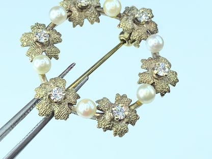 Diamond Pearl Brooch 9ct Yellow Gold 0.60ct Bouquet Flowers Pendant 3.8g JR8693