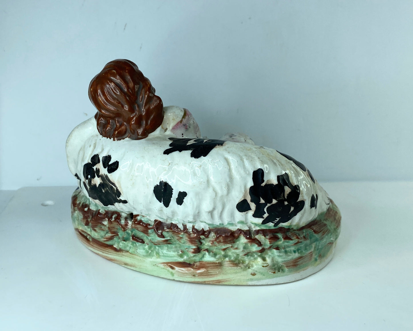 Victorian c1860 Staffordshire pottery sleeping girl with dog pristine 6" A584