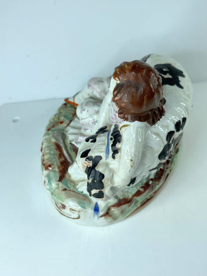 Victorian c1860 Staffordshire pottery sleeping girl with dog pristine 6" A584