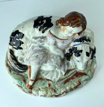 Victorian c1860 Staffordshire pottery sleeping girl with dog pristine 6" A584