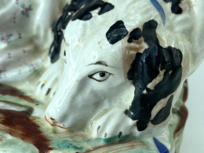 Victorian c1860 Staffordshire pottery sleeping girl with dog pristine 6" A584