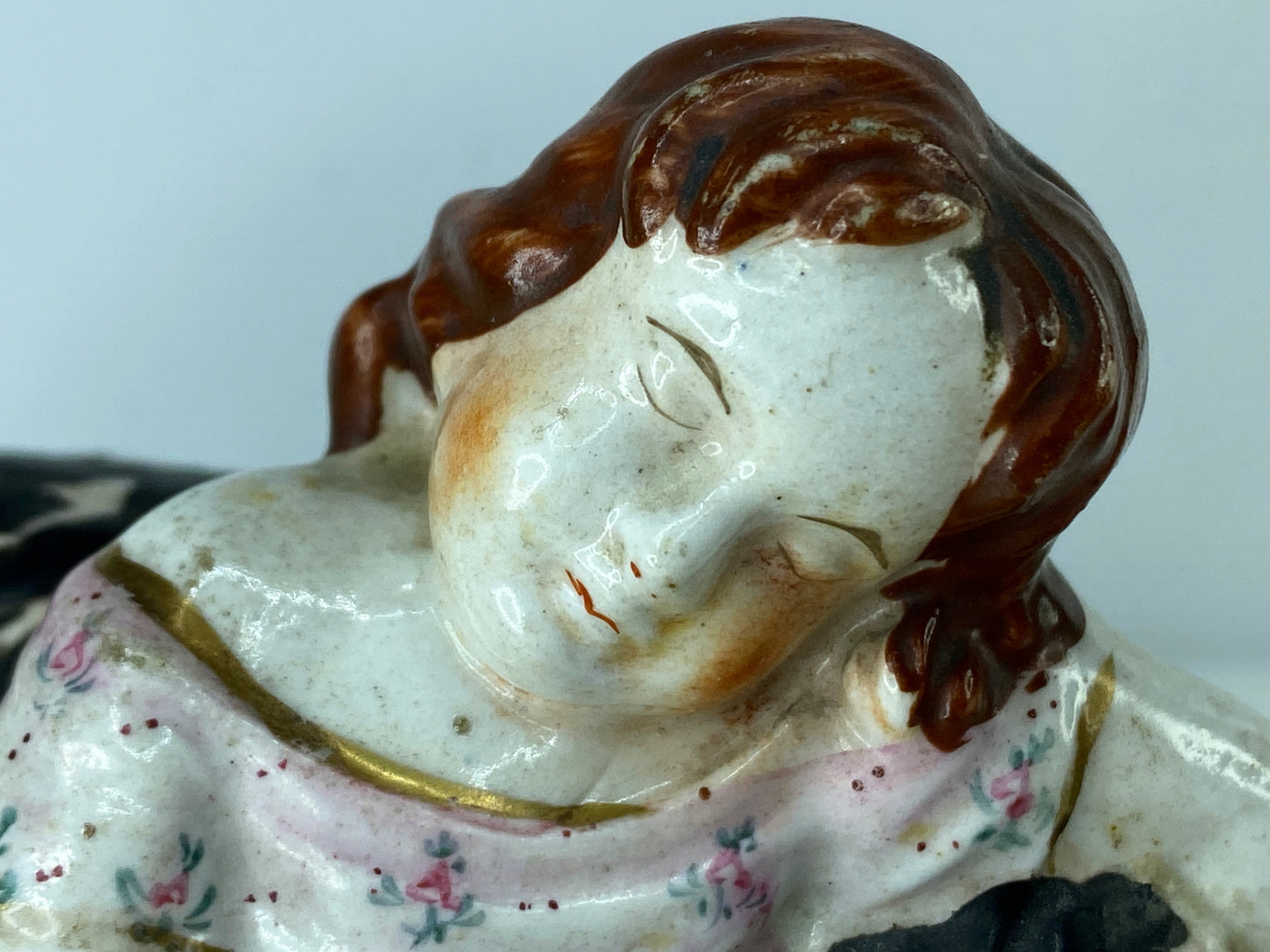 Victorian c1860 Staffordshire pottery sleeping girl with dog pristine 6" A584