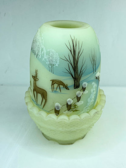 FENTON Glass Custard Satin URANIUM Deer Winter FAIRY LAMP Christmas 1979 A595