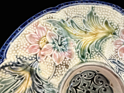 Antique Belgium Majolica Wasmuel Floral Oyster Plate Circa 1890 10" A1094