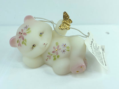 Fenton Art Glass Satin Bear with Golden Butterfly with flower w/tag A585