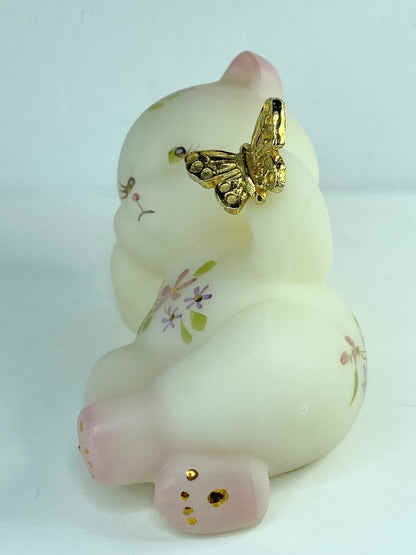 Fenton Art Glass Satin Bear with Golden Butterfly with flower w/tag A585