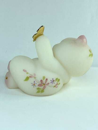 Fenton Art Glass Satin Bear with Golden Butterfly with flower w/tag A585
