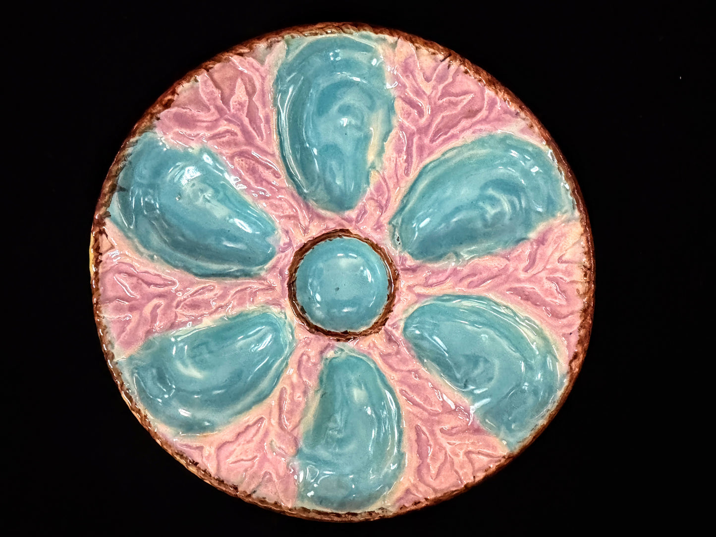 Antique French St Clément KG Majolica Turquoise Pink 6 well Oyster Plate A1095