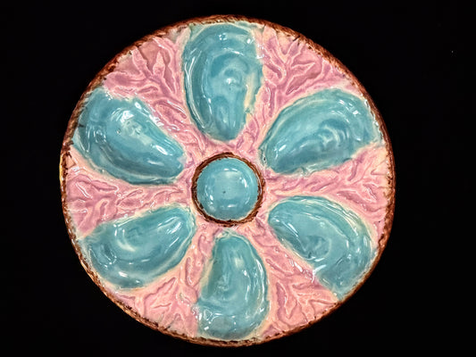 Antique French St Clément KG Majolica Turquoise Pink 6 well Oyster Plate A1095